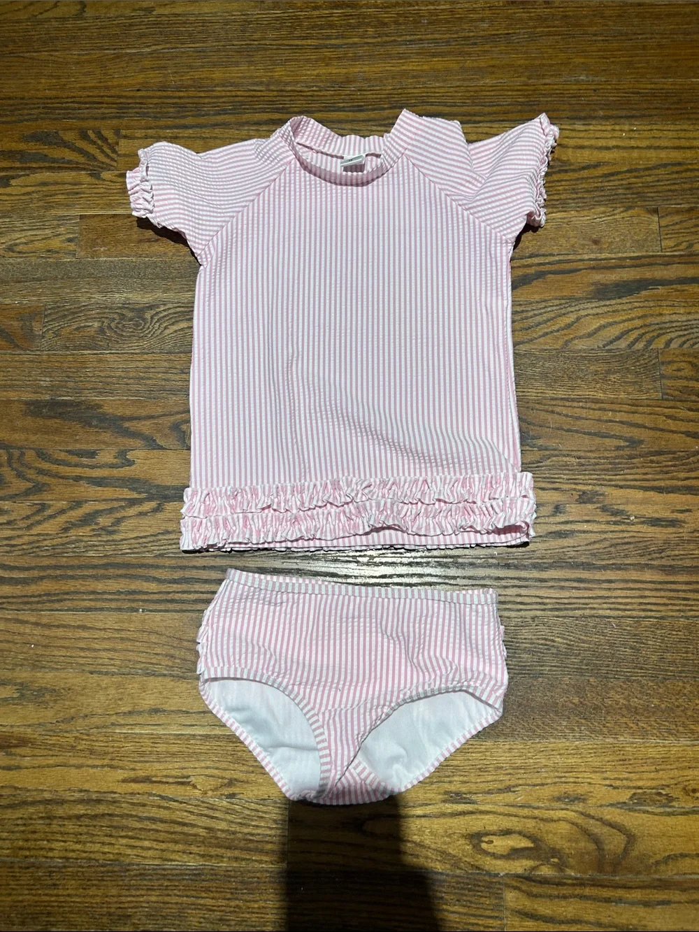 Ruffle Butts Pink Seersucker 3-Piece Swim Set with Sun Hat
